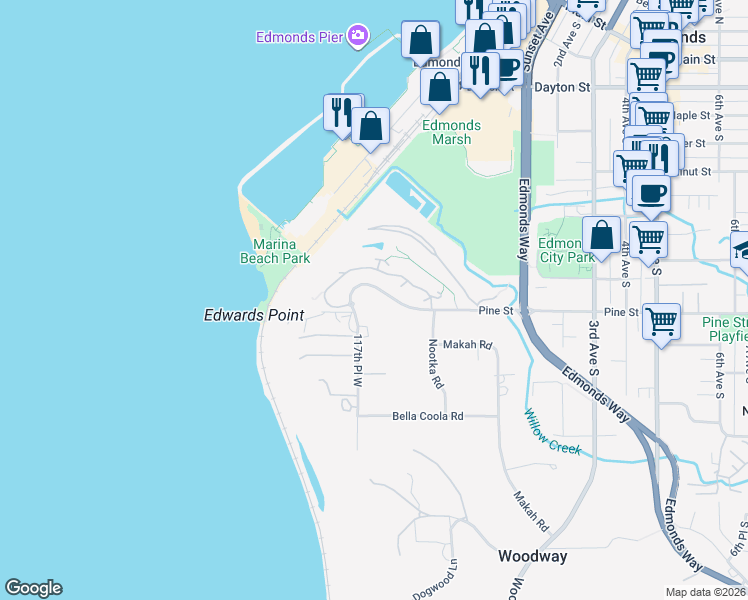 map of restaurants, bars, coffee shops, grocery stores, and more near 50 Pine Street in Edmonds