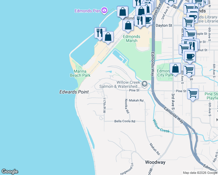 map of restaurants, bars, coffee shops, grocery stores, and more near 50 Pine Street in Edmonds