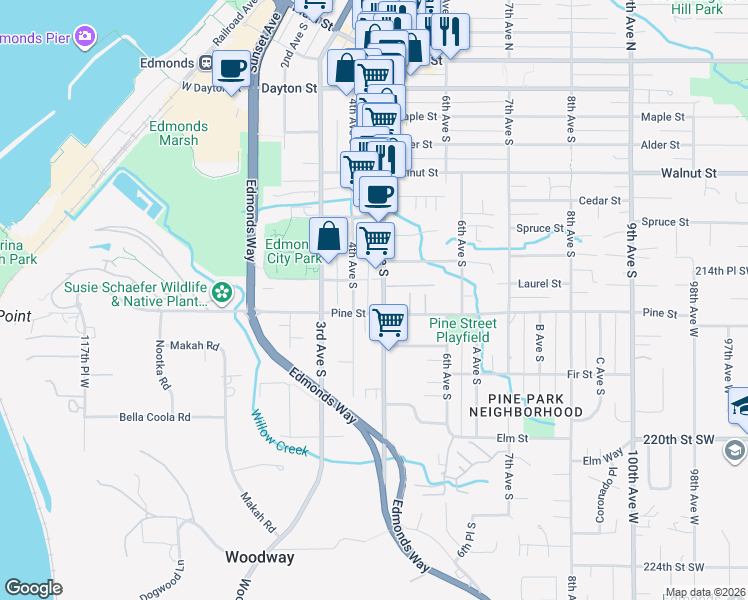 map of restaurants, bars, coffee shops, grocery stores, and more near in Edmonds