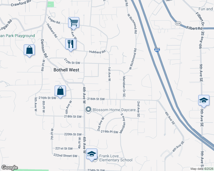 map of restaurants, bars, coffee shops, grocery stores, and more near 21410 1st Avenue West in Bothell
