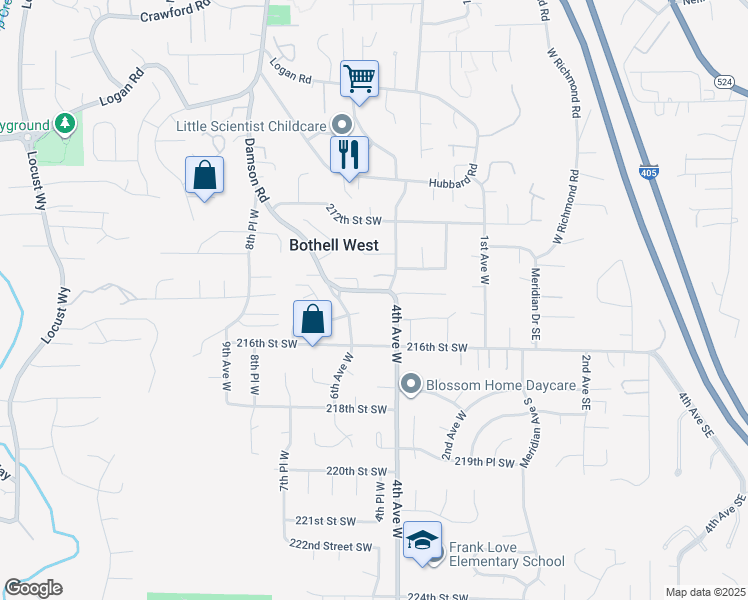 map of restaurants, bars, coffee shops, grocery stores, and more near 424 214th Street Southwest in Bothell