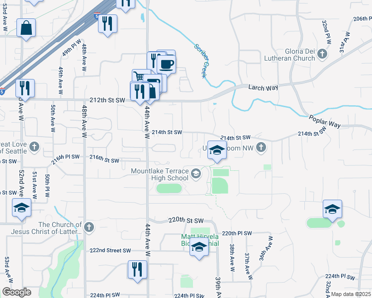 map of restaurants, bars, coffee shops, grocery stores, and more near 4112 214th Street Southwest in Mountlake Terrace