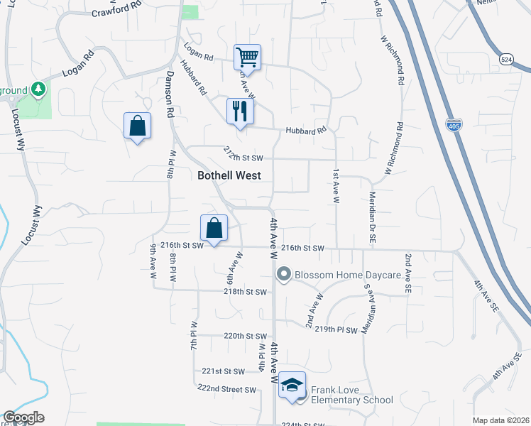 map of restaurants, bars, coffee shops, grocery stores, and more near 424 214th Street Southwest in Bothell