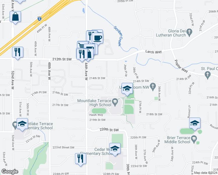 map of restaurants, bars, coffee shops, grocery stores, and more near 4112 214th Street Southwest in Mountlake Terrace
