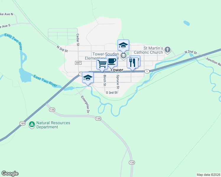 map of restaurants, bars, coffee shops, grocery stores, and more near 511 South 3rd Street in Tower