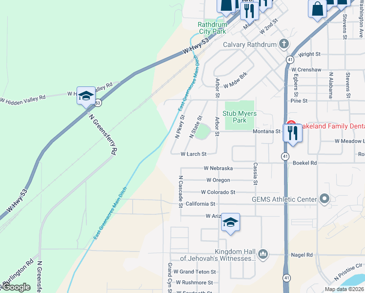 map of restaurants, bars, coffee shops, grocery stores, and more near 14424 State Street in Rathdrum
