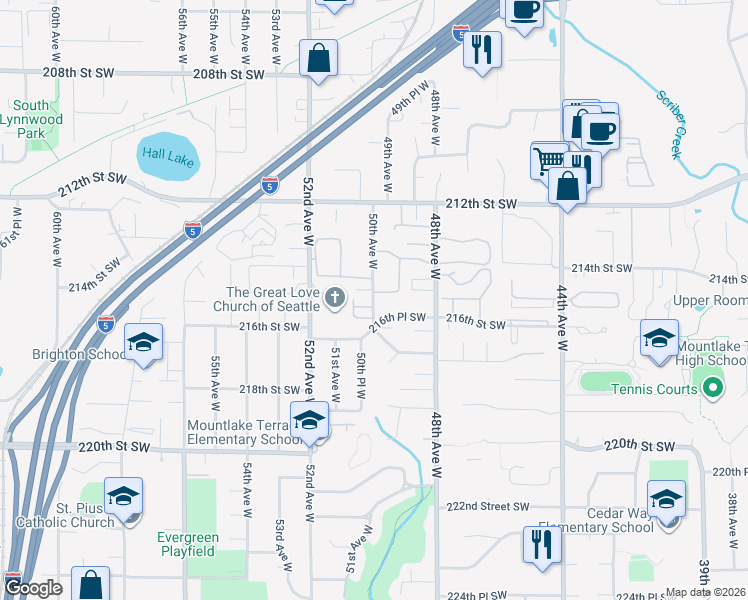 map of restaurants, bars, coffee shops, grocery stores, and more near 21504 50th Avenue West in Mountlake Terrace