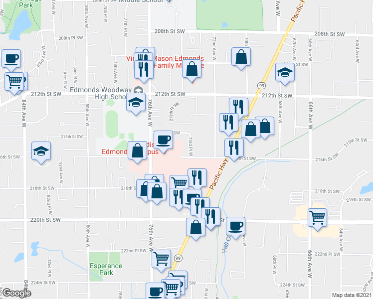 map of restaurants, bars, coffee shops, grocery stores, and more near 7315 216th Street Southwest in Edmonds