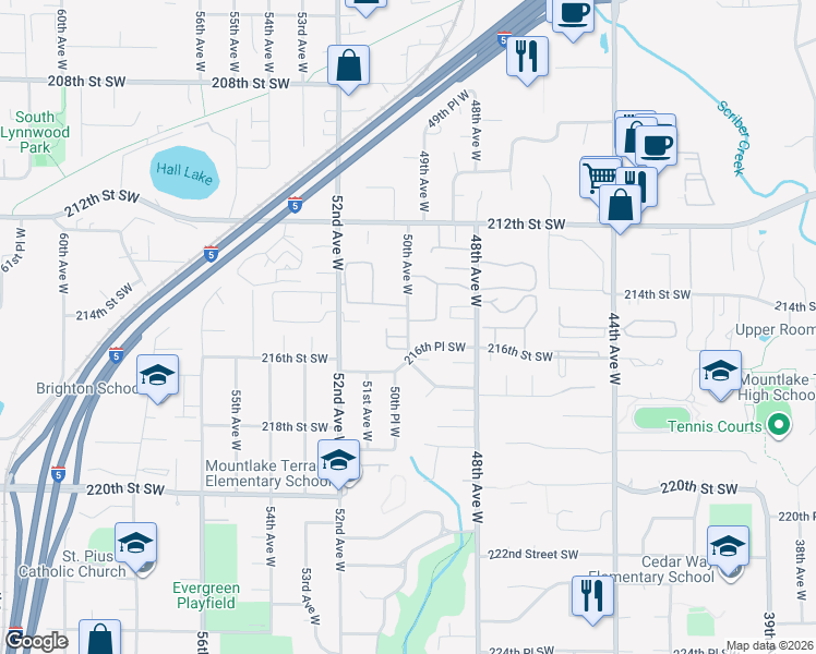 map of restaurants, bars, coffee shops, grocery stores, and more near 21504 50th Avenue West in Mountlake Terrace