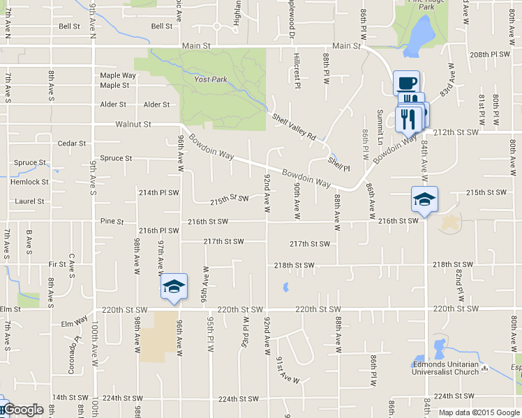 map of restaurants, bars, coffee shops, grocery stores, and more near 21518 92nd Avenue West in Edmonds