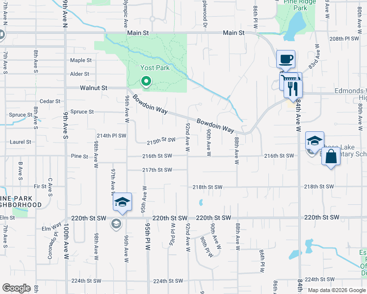 map of restaurants, bars, coffee shops, grocery stores, and more near 21518 92nd Avenue West in Edmonds
