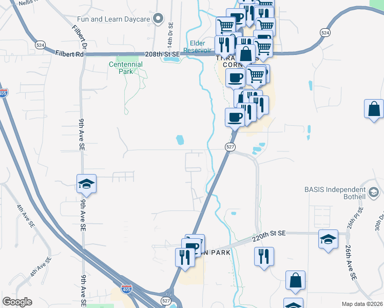 map of restaurants, bars, coffee shops, grocery stores, and more near 21423 16 Drive Southeast in Bothell