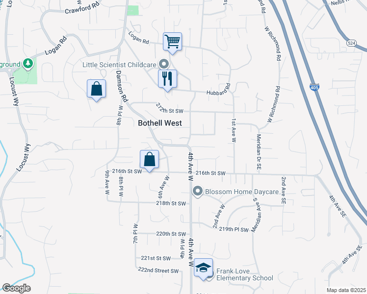 map of restaurants, bars, coffee shops, grocery stores, and more near 424 214th Street Southwest in Bothell