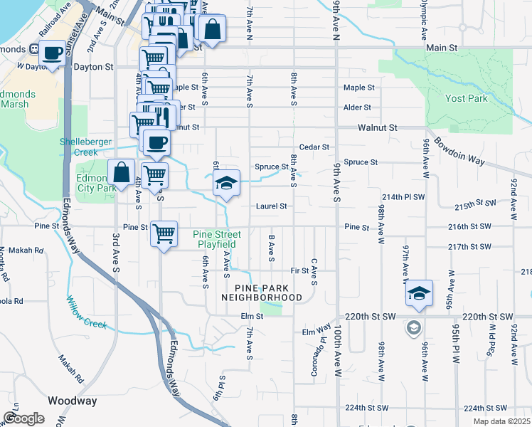 map of restaurants, bars, coffee shops, grocery stores, and more near 909 7th Avenue South in Edmonds