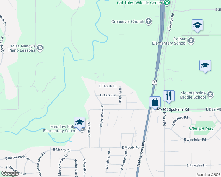 map of restaurants, bars, coffee shops, grocery stores, and more near 3909 East Siskin Lane in Mead