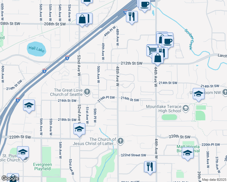 map of restaurants, bars, coffee shops, grocery stores, and more near 4801 216th Place Southwest in Mountlake Terrace