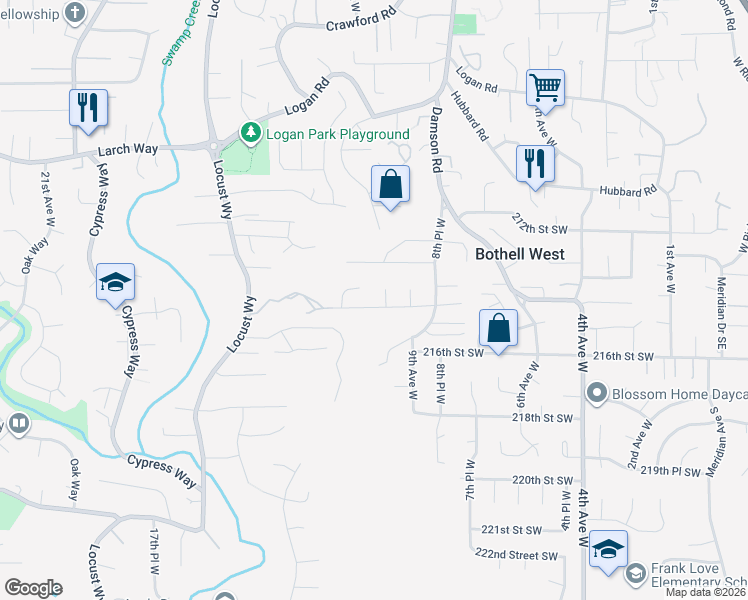 map of restaurants, bars, coffee shops, grocery stores, and more near 1012 214th Place Southwest in Lynnwood