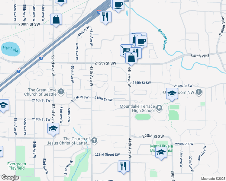 map of restaurants, bars, coffee shops, grocery stores, and more near 21410 46th Place West in Mountlake Terrace