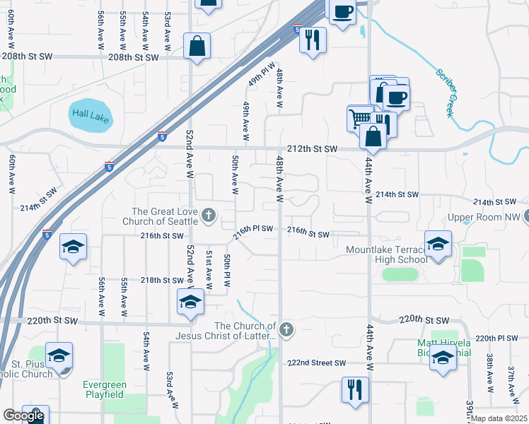 map of restaurants, bars, coffee shops, grocery stores, and more near 4801 216th Place Southwest in Mountlake Terrace
