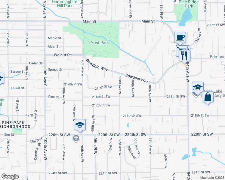 map of restaurants, bars, coffee shops, grocery stores, and more near 9315 216th Street Southwest in Edmonds
