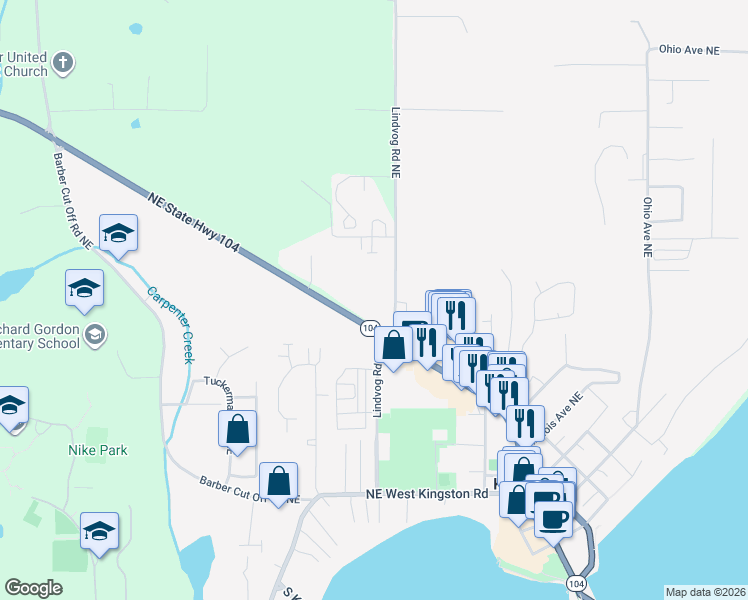map of restaurants, bars, coffee shops, grocery stores, and more near 26569 Lindvog Road Northeast in Kingston