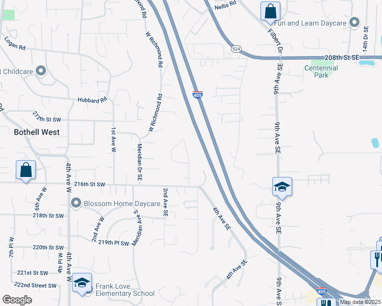 map of restaurants, bars, coffee shops, grocery stores, and more near 21329 2nd Drive Southeast in Bothell