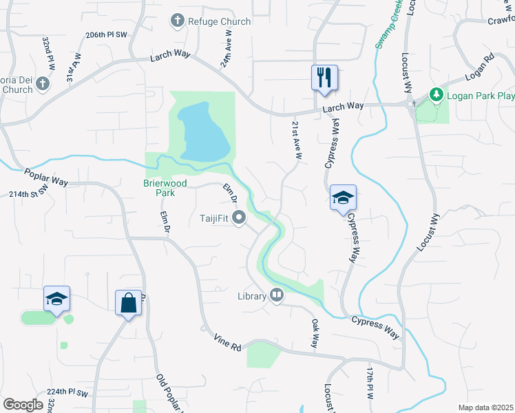 map of restaurants, bars, coffee shops, grocery stores, and more near 21555 Elm Drive in Brier