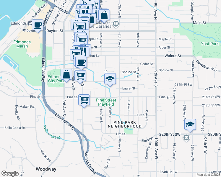 map of restaurants, bars, coffee shops, grocery stores, and more near in Woodway