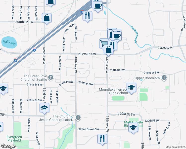 map of restaurants, bars, coffee shops, grocery stores, and more near 21410 46th Place West in Mountlake Terrace