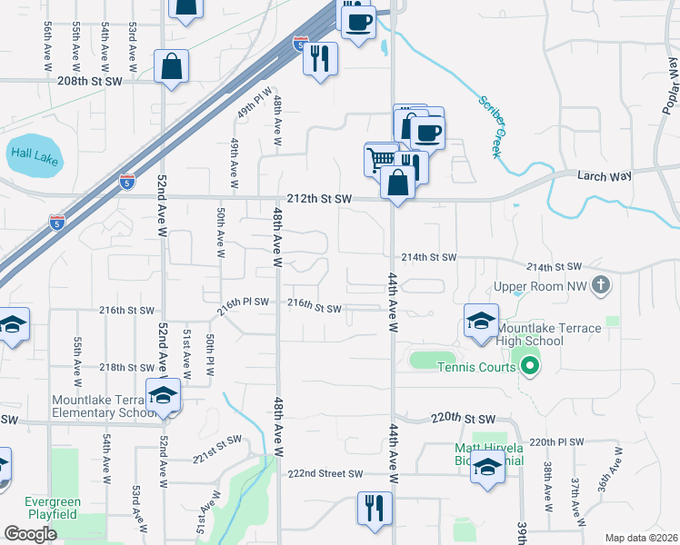 map of restaurants, bars, coffee shops, grocery stores, and more near 21404 46th Place West in Mountlake Terrace