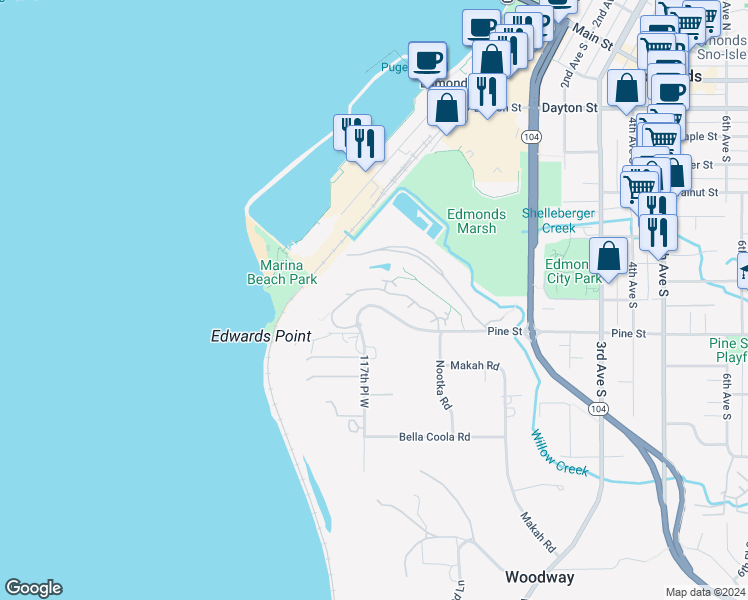 map of restaurants, bars, coffee shops, grocery stores, and more near 50 Pine Street in Edmonds