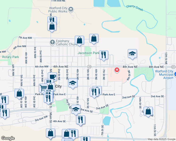 map of restaurants, bars, coffee shops, grocery stores, and more near 5th Street Northeast in Watford City