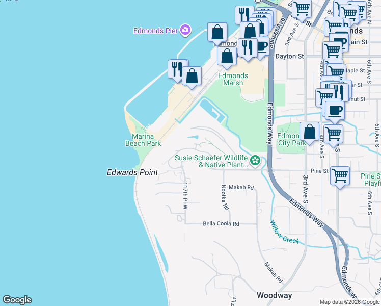 map of restaurants, bars, coffee shops, grocery stores, and more near 61 Pine Street in Edmonds