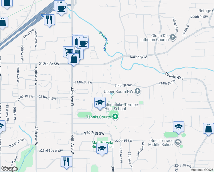 map of restaurants, bars, coffee shops, grocery stores, and more near 21405 40th Avenue West in Mountlake Terrace