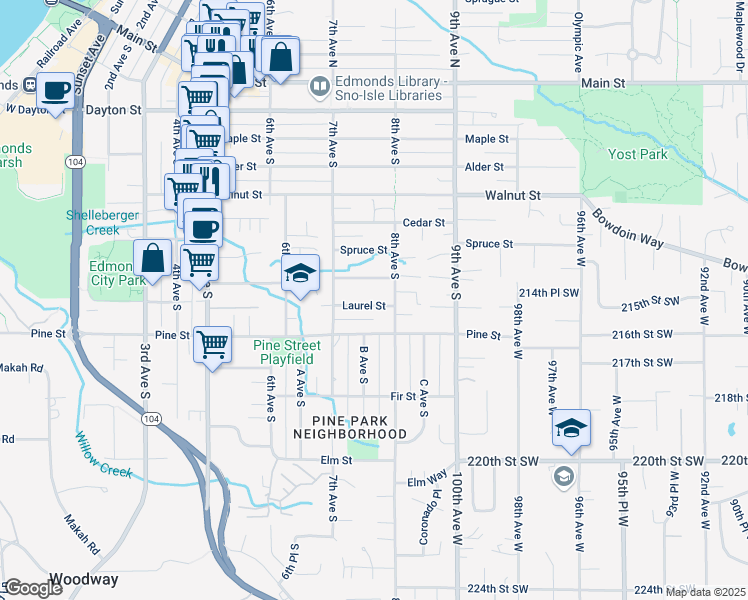 map of restaurants, bars, coffee shops, grocery stores, and more near 733 Laurel Street in Edmonds