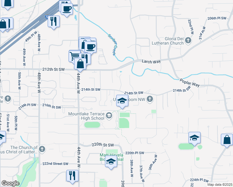 map of restaurants, bars, coffee shops, grocery stores, and more near 21405 40th Avenue West in Mountlake Terrace