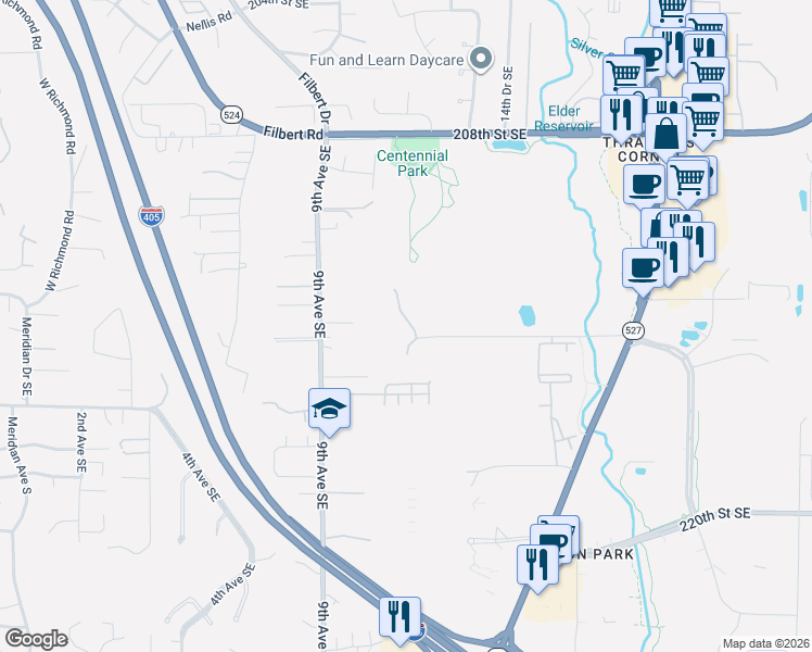 map of restaurants, bars, coffee shops, grocery stores, and more near 21319 11th Drive Southeast in Bothell