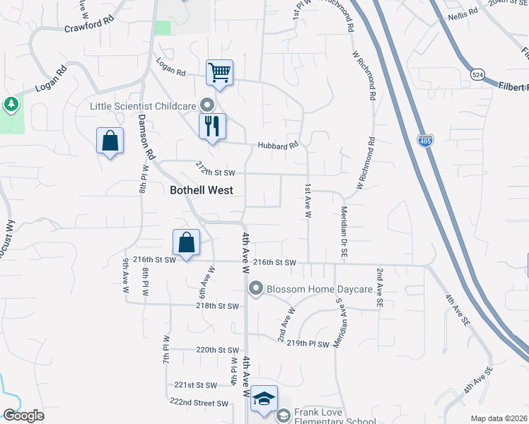 map of restaurants, bars, coffee shops, grocery stores, and more near 21217 4th Avenue West in Bothell