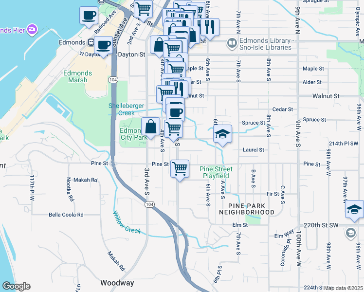 map of restaurants, bars, coffee shops, grocery stores, and more near 613 5th Avenue South in Edmonds