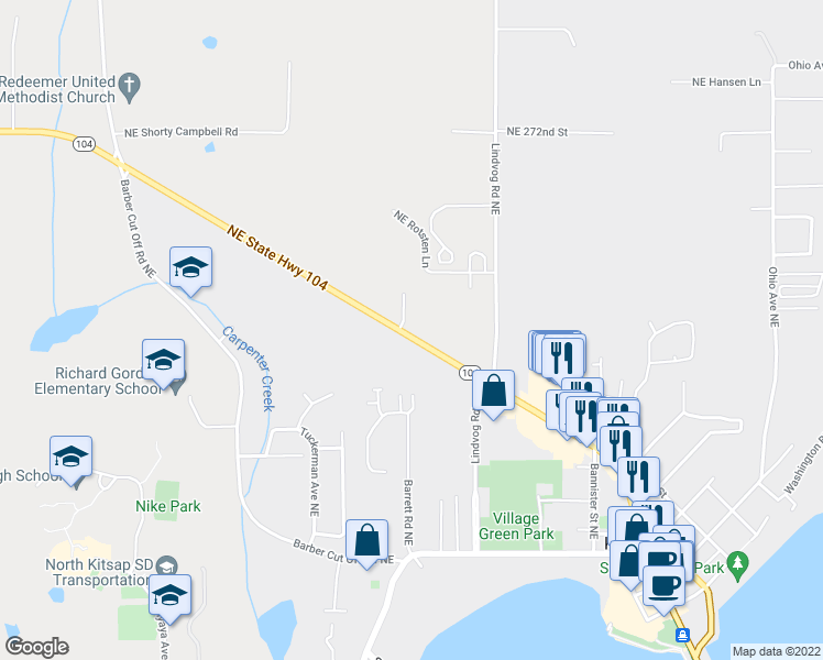 map of restaurants, bars, coffee shops, grocery stores, and more near 10430 Northeast State Highway 104 in Kingston