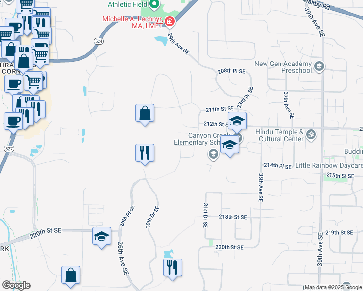 map of restaurants, bars, coffee shops, grocery stores, and more near 21312 30th Avenue Southeast in Bothell