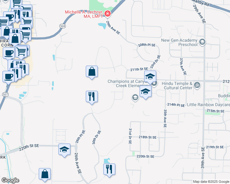 map of restaurants, bars, coffee shops, grocery stores, and more near 21312 30th Avenue Southeast in Bothell