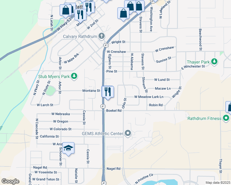 map of restaurants, bars, coffee shops, grocery stores, and more near 15045 North Nixon Loop in Rathdrum