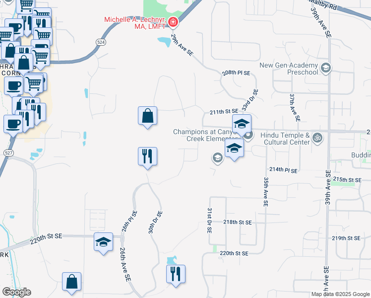 map of restaurants, bars, coffee shops, grocery stores, and more near 3002 213th Street Southeast in Bothell
