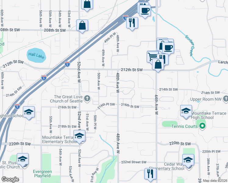 map of restaurants, bars, coffee shops, grocery stores, and more near 21404 48th Avenue West in Mountlake Terrace