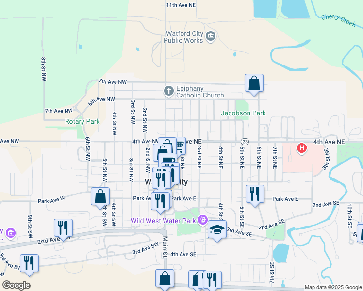 map of restaurants, bars, coffee shops, grocery stores, and more near 333 2nd Street Northeast in Watford City