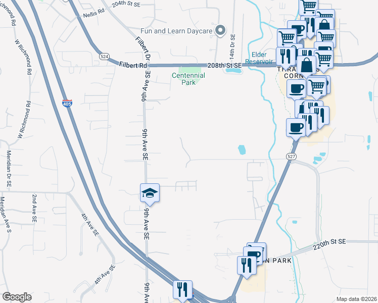 map of restaurants, bars, coffee shops, grocery stores, and more near 21345 11th Drive Southeast in Bothell