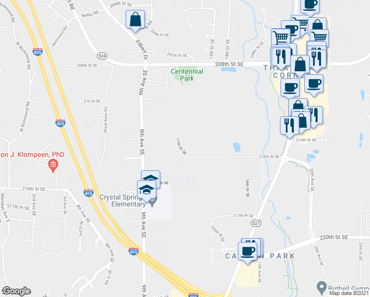 map of restaurants, bars, coffee shops, grocery stores, and more near 21319 11th Drive Southeast in Bothell