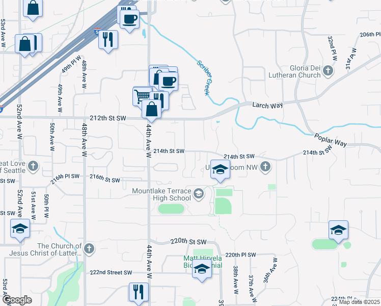 map of restaurants, bars, coffee shops, grocery stores, and more near 21309 41st Court West in Mountlake Terrace