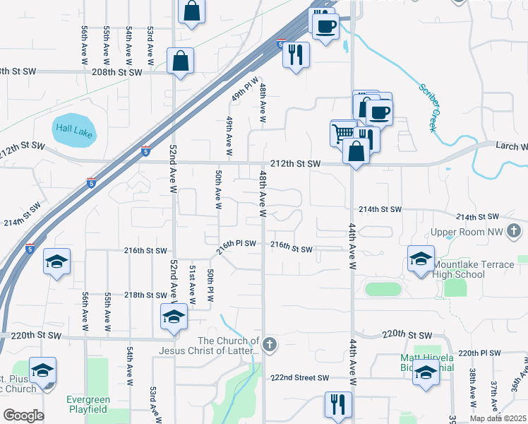 map of restaurants, bars, coffee shops, grocery stores, and more near 21404 48th Avenue West in Mountlake Terrace